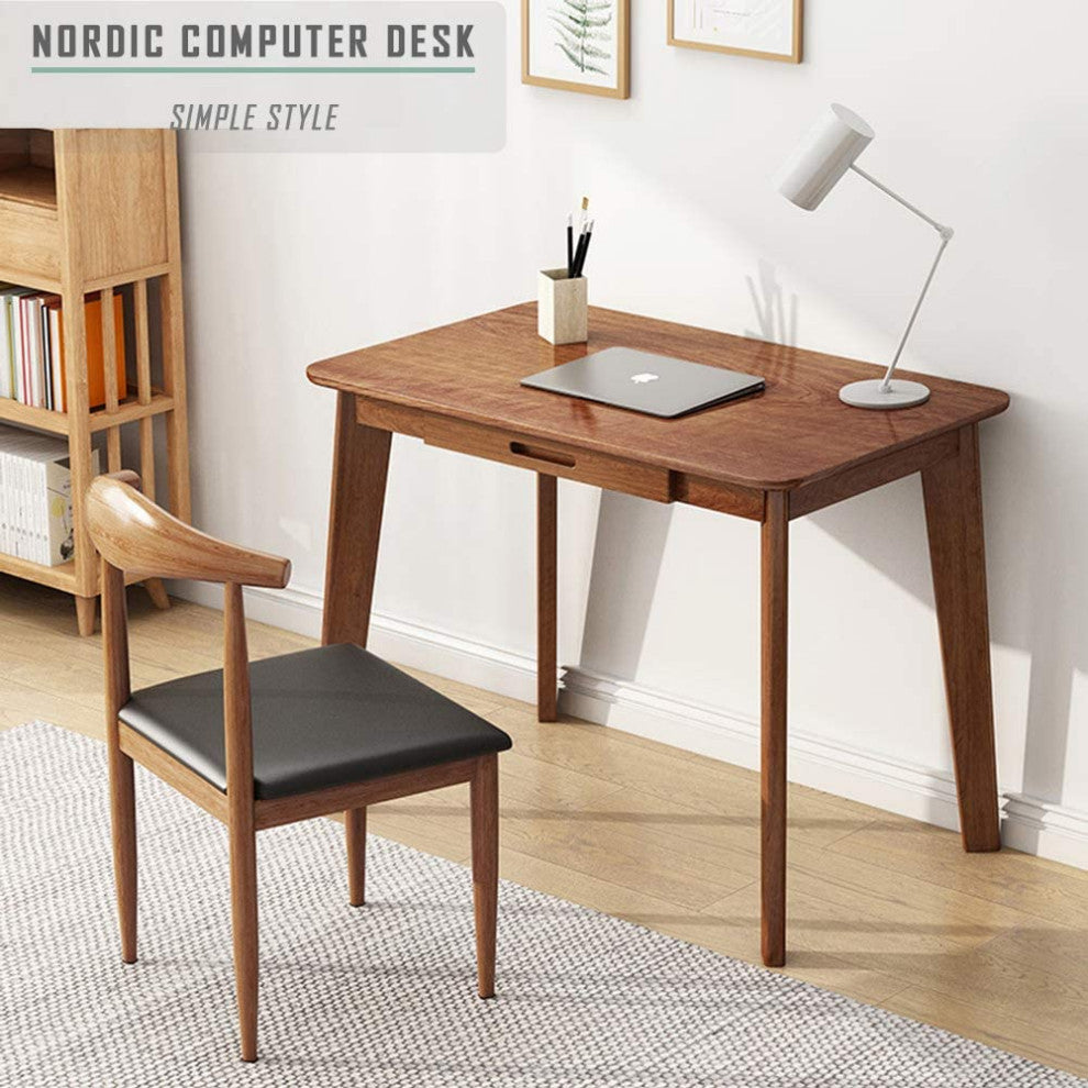 Solid Wood Writing Desk - Home Office Workbench Desk with Drawer, Walnut