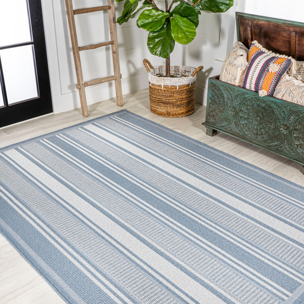 Haynes Modern Double Stripe Indoor/Outdoor Area Rug, Blue/Light Gray, 8x10