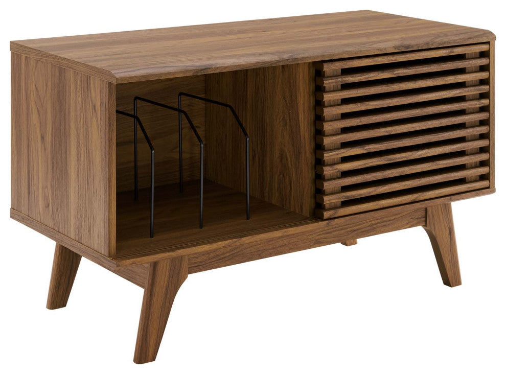 Modway Render Wood & Vinyl Record Display Stand with Sliding Door in Walnut