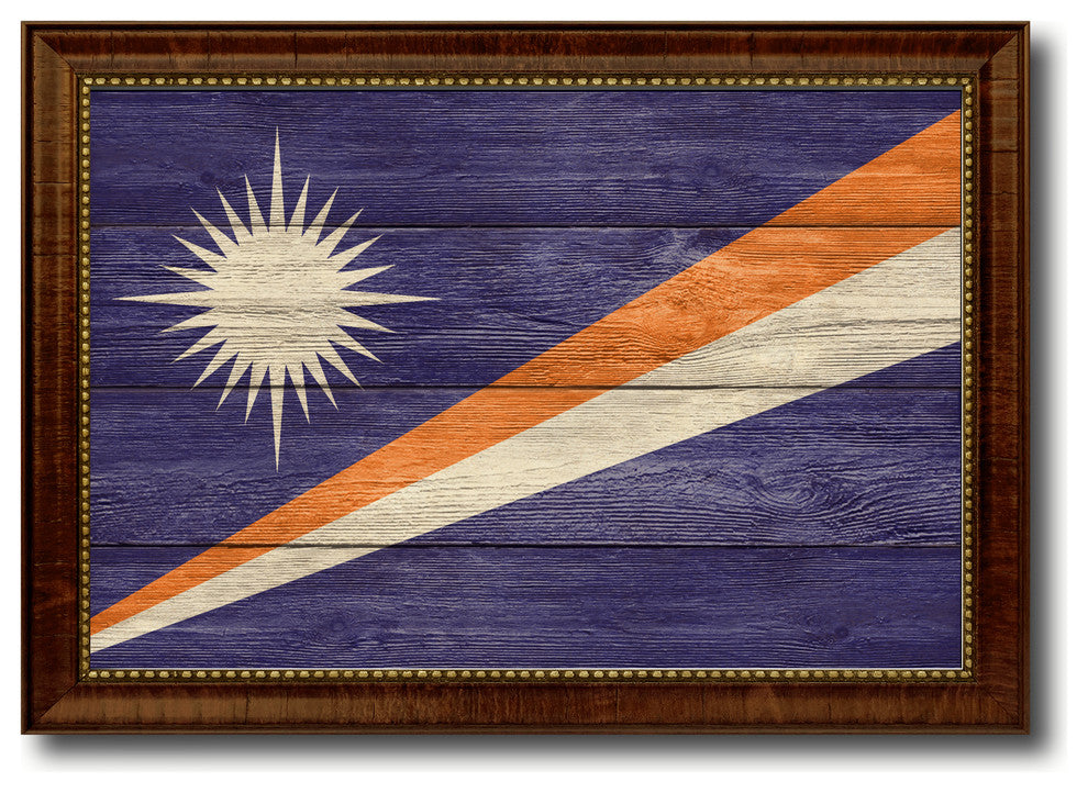 Marshall Islands Country Textured Flag Print With Brown Gold Frame, 19"X27"
