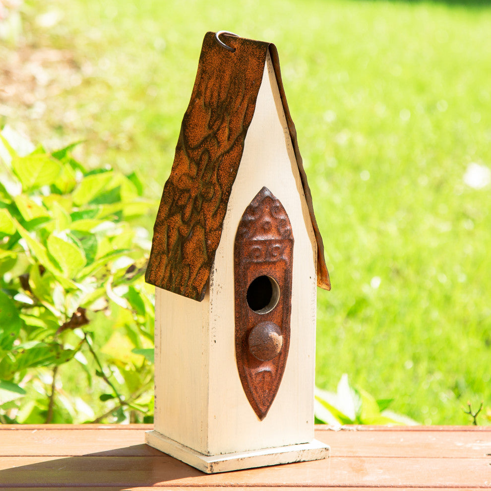 Washed White Distressed Solid Wood Birdhouse