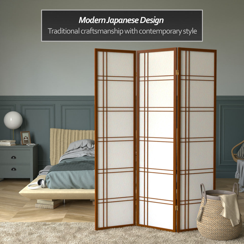 6' Tall Double Cross Shoji Screen, Walnut, 3 Panels