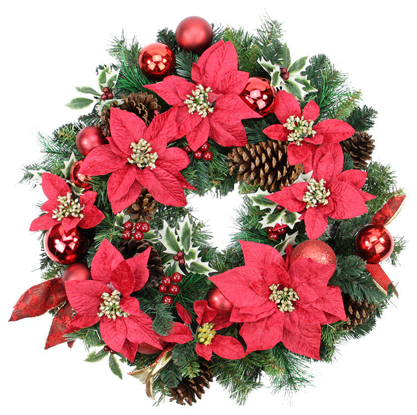 24" Unlit Decorated Wreath, Red Poinsettias, 93 Tips