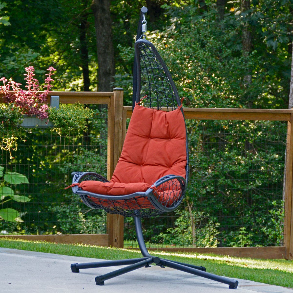 Cushioned Rattan Wicker Hanging Chair With Stand, Red
