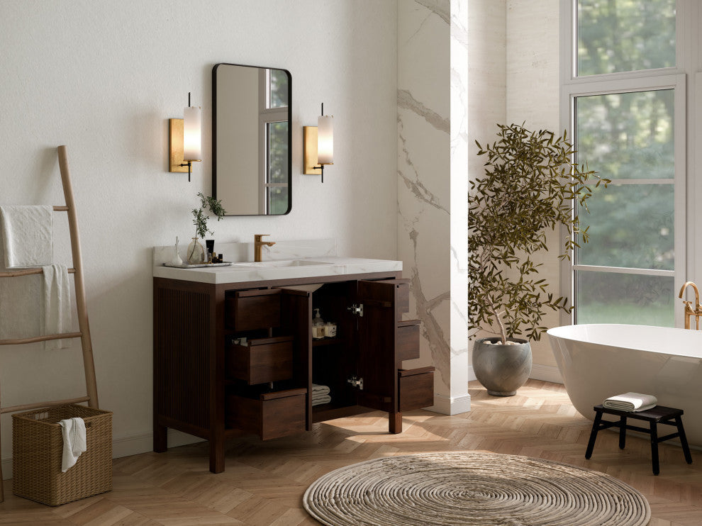 Elizabeth 48 Single Sink Bath Vanity in Dark Walnut Teak 2" Calacatta Nuvo