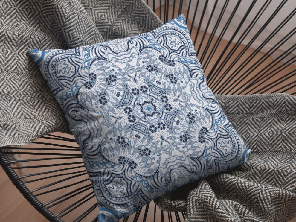 16" Light Blue Boho Ornate Zippered Suede Throw Pillow