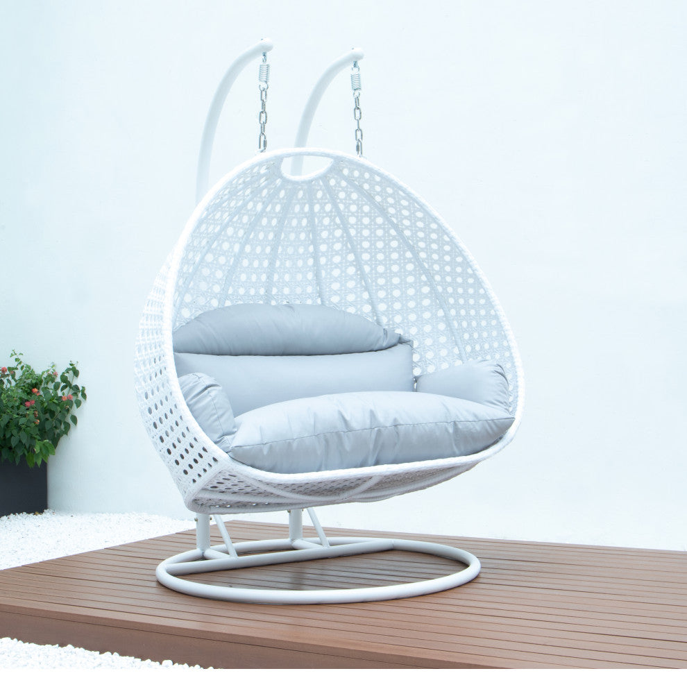 2 Person White Wicker Double Hanging Egg Swing Chair, Light Gray