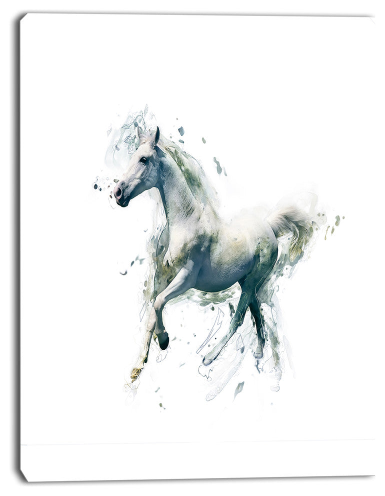 White Horse in Motion on White, Animal Canvas Wall Art, 12"x20"