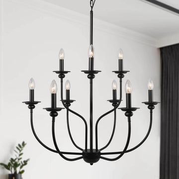 LNC 2-Tier Matte Black Farmhouse Candle-Style Chandelier, 9 Lights