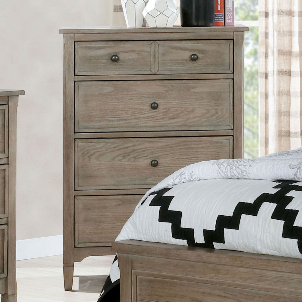 4 Drawers Wooden Chest with Round Pull Knobs Design, Wire-Brushed Warm Gray