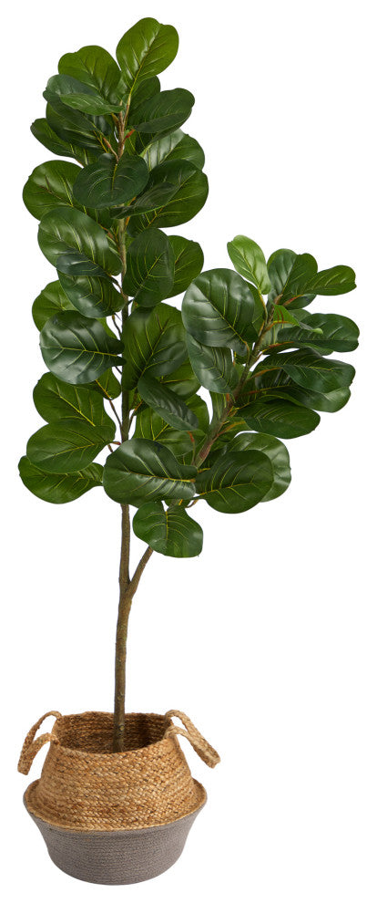 4.5' Fiddle Leaf Fig Artificial Tree, Boho Chic Cotton Jute White Woven Planter