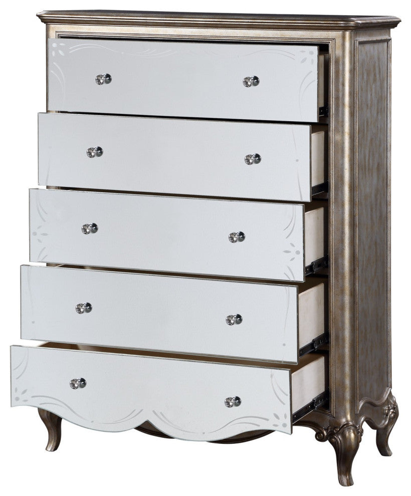 Benzara BM251275 Chest With Mirror Front and Molded Trim, Antique Silver
