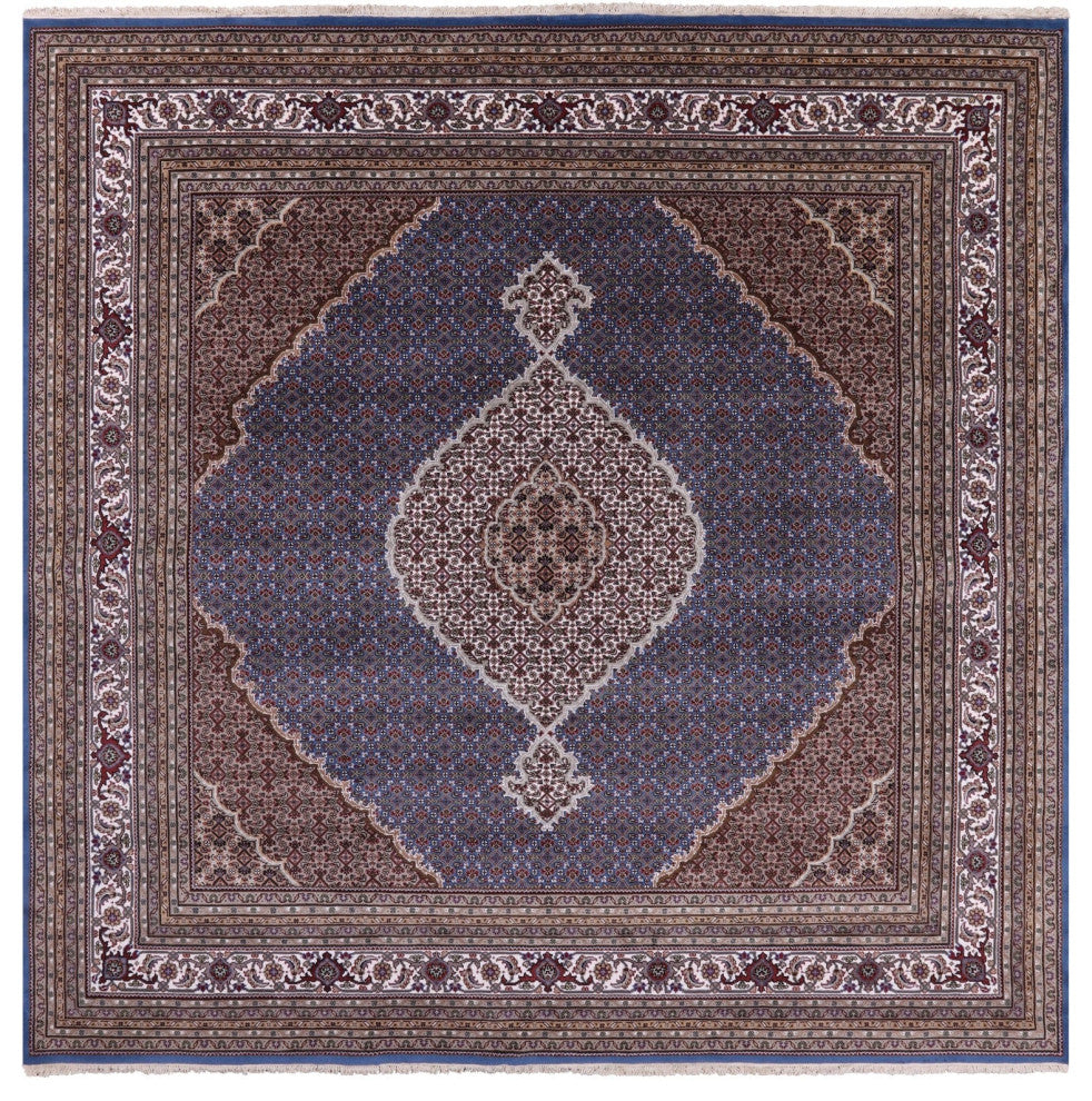 10' Square Wool & Silk Persian Tabriz Hand Knotted Rug - Q13011