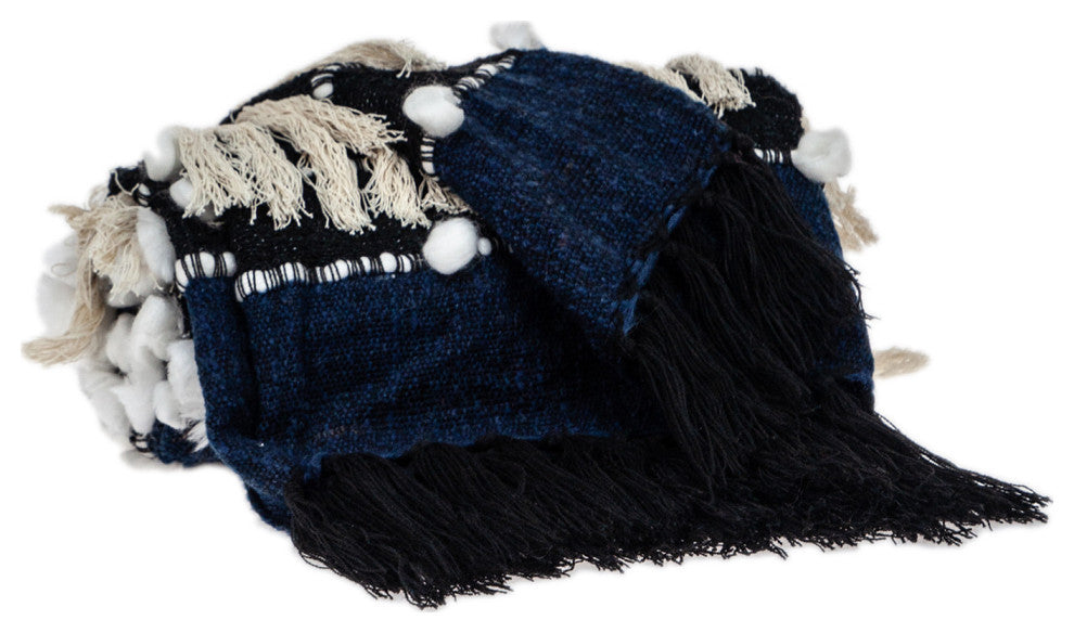 Navy Blue Boho Woven Handloom Throw With Pom Pom