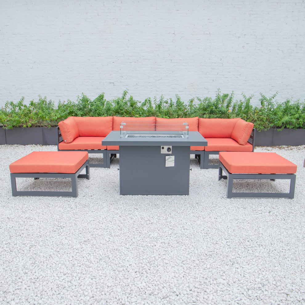 LeisureMod Chelsea 7-Piece Outdoor Sectional With Fire Pit Table, Orange