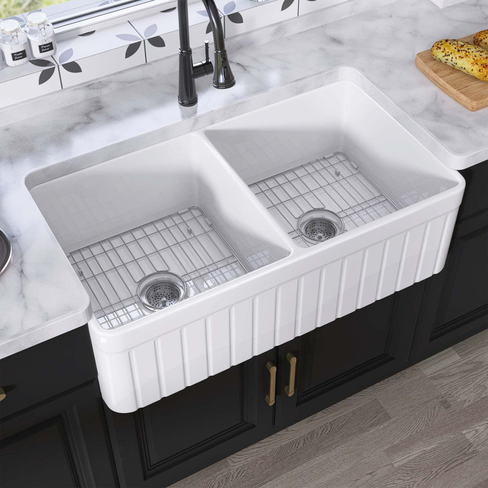 33"X18" Apron Front Double Bowl Fireclay Farmhouse Kitchen Sink with Accessories