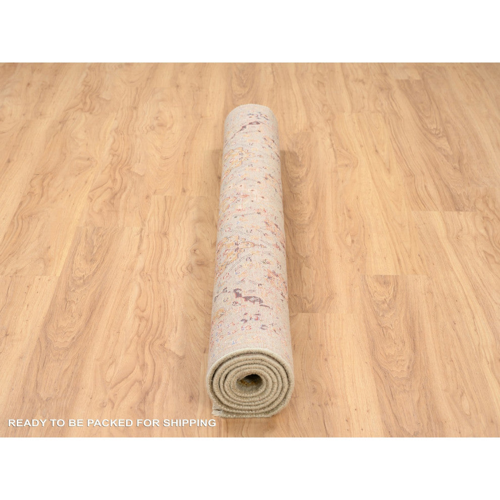 Beige, Hand Knotted, THE SUNSET ROSETTES Wool and Pure Silk, Rug, 5'3" x 7'0"