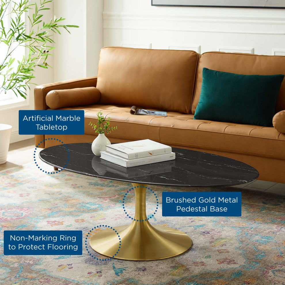 Coffee Table, Oval, Artificial Marble, Metal, Gold Black, Modern, Lounge