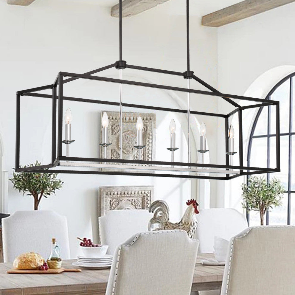 6 Light Kitchen Island Linear Pendant, Classic Black+chrome