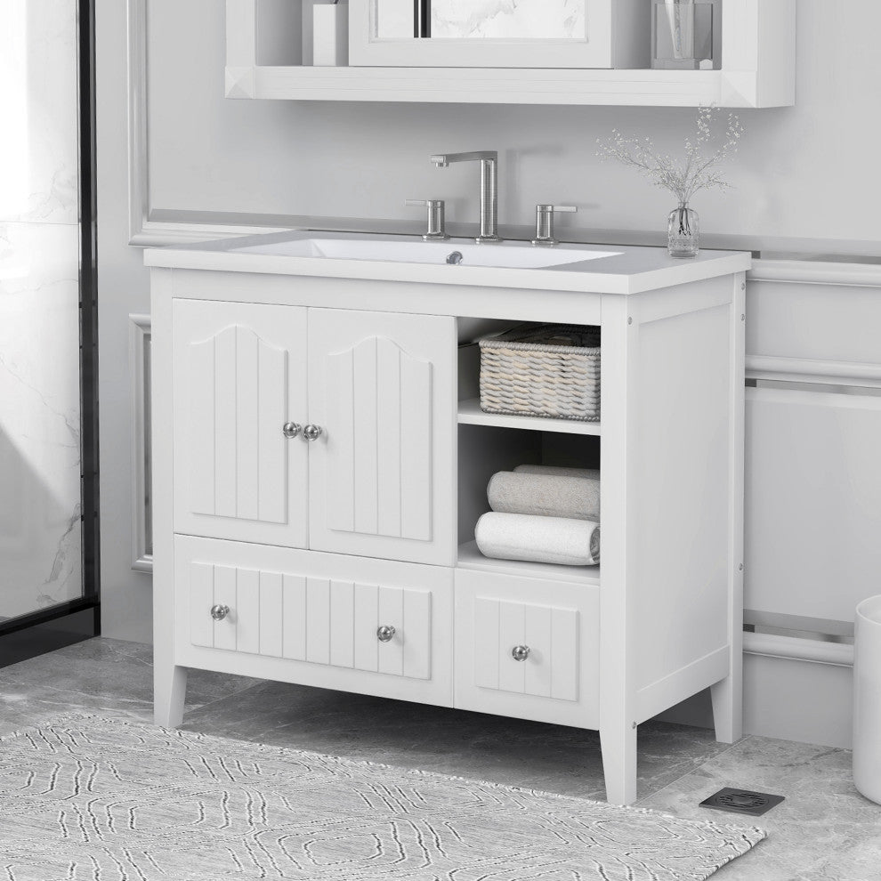 36" W x 18." D x 32" H Bath Vanity, White Ceramic Top, White