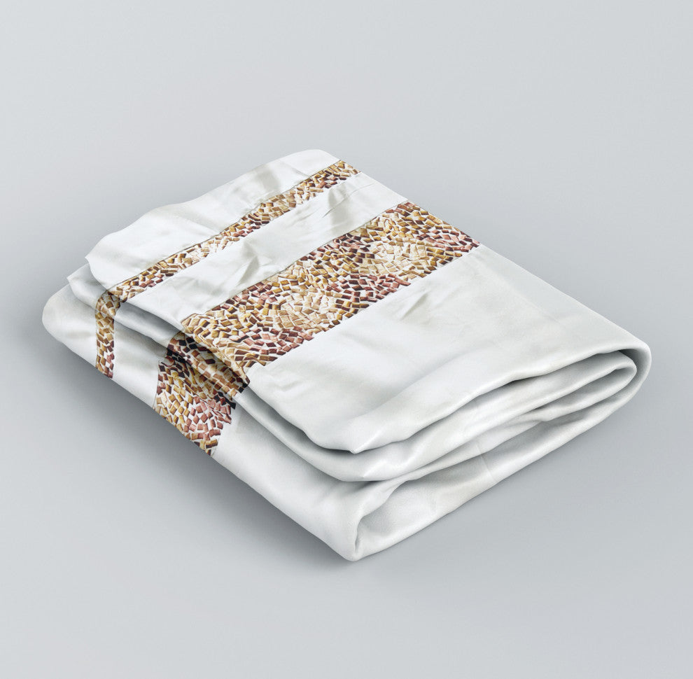 Spa Tile White Soft Fabric Shower Curtain With Multicolor Embroidered Tile Bands, Brown, 54x78"