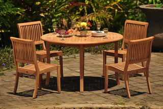 5-Piece Outdoor Teak Dining Set, 48" Round Table, 4 Arbor Stacking Chairs