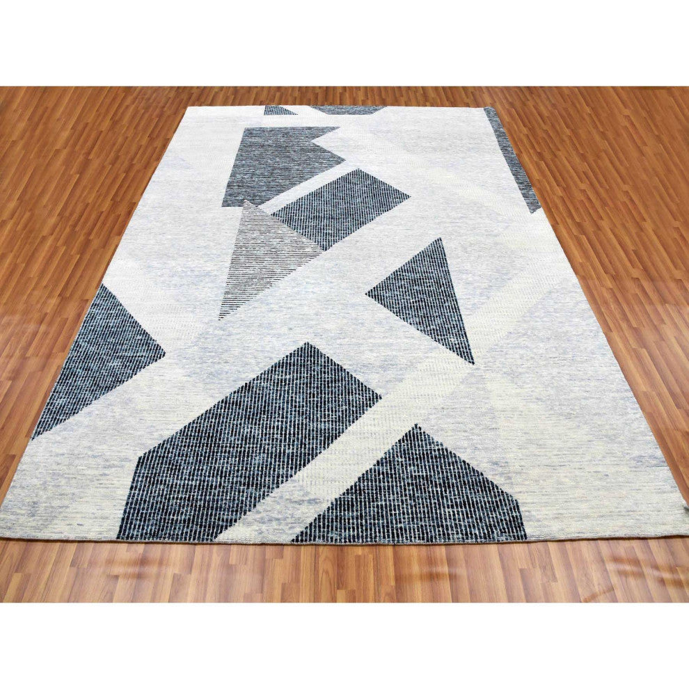 Gray, Pure Wool Hand Knotted, Geometric Art Nouveau Collection Rug, 9'1"x12'1"