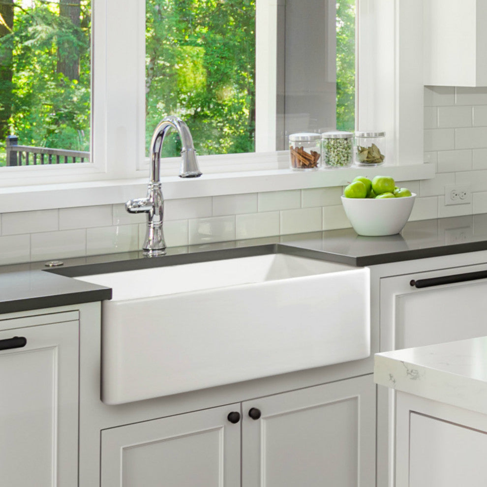 Fireclay Sink, Single Bowl Farmhouse Apron Kitchen Sink, White, 36"