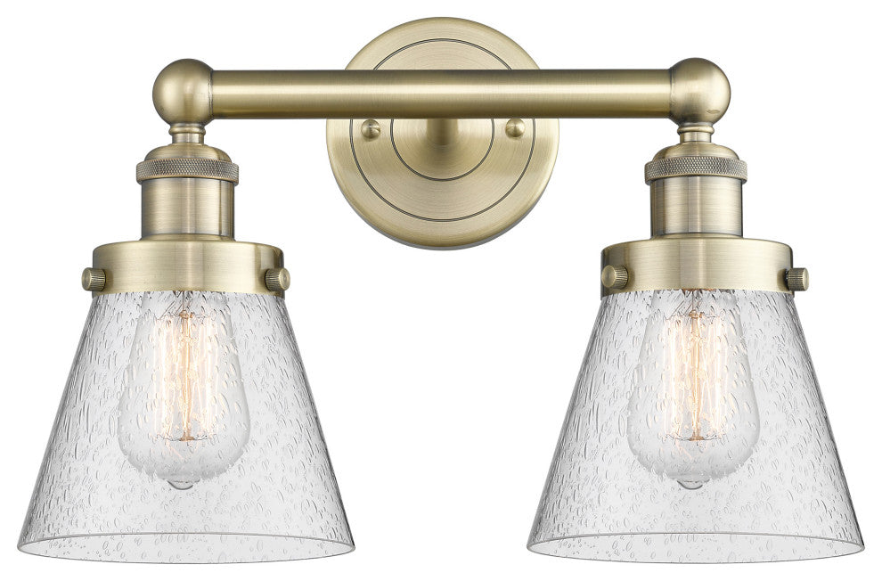 Edison Small Cone 2-Light 16" Vanity Light, Antique Brass Finish, Seedy Shade