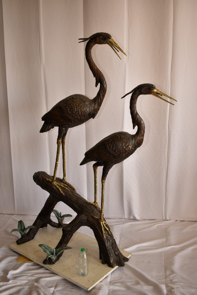 Two Herons on a Tree log Bronze Fountain Statue 38" x 19" x 64"H