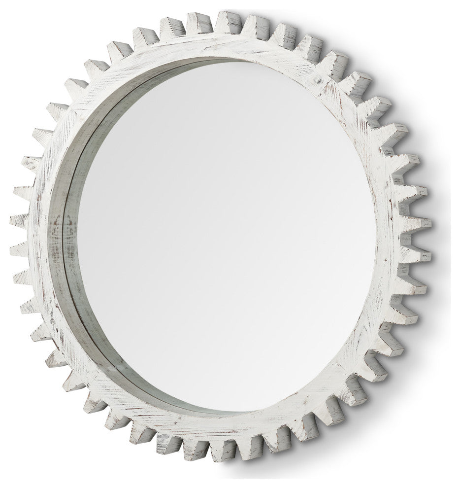 Sundance Off-White Solid Wood Frame Round Cog Mirror, 36"