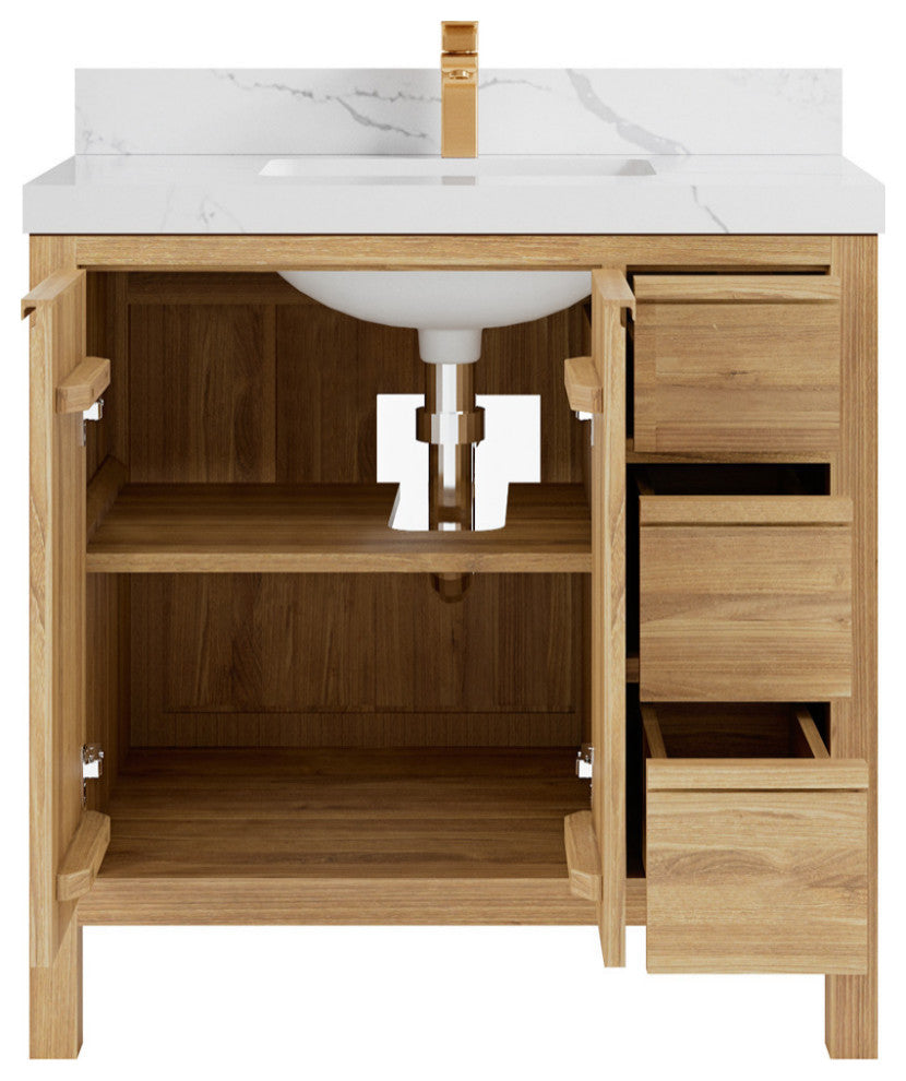 Elizabeth 36 Center Sink Bath Vanity in Light Natural Teak 2" Calacatta Laza