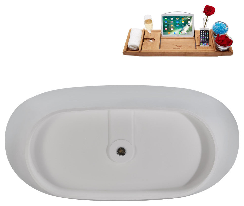 59" Streamline NS5820CH Matte White Stone Resin Bathtub, Tray With Chrome Drain