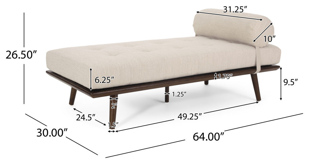 Lancer Mid Century Modern Tufted Chaise Lounge & Pillow, Beige/Natural Walnut
