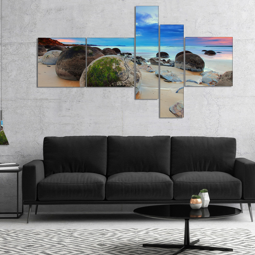 Cloudy Sunrise Over Moeraki Boulders, Seashore Canvas Print, 60"x32", 5 panels
