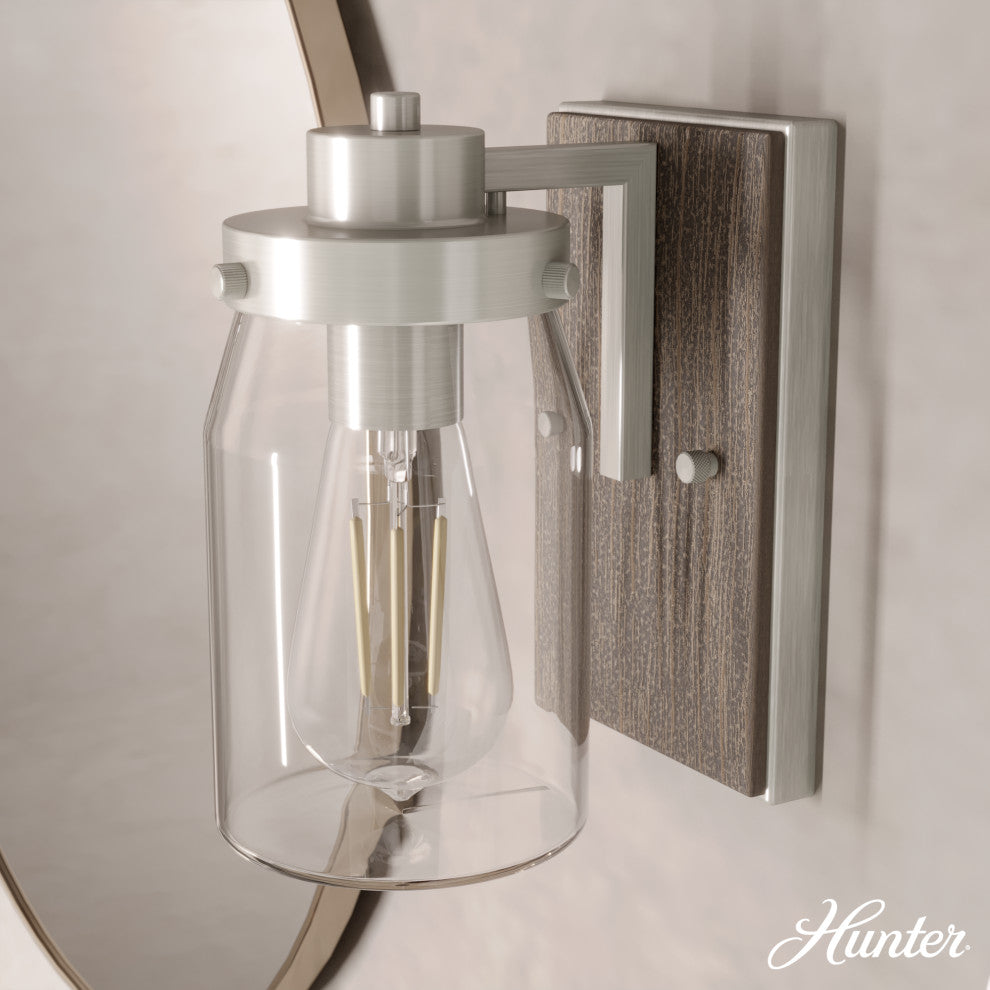 Devon Park Brushed Nickel and Grey Wood With Clear Glass 1 Light Sconce Wall