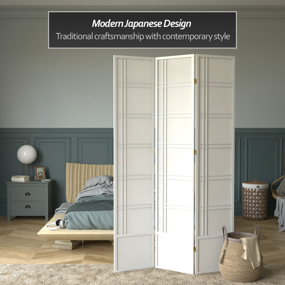 7' Tall Double Cross Shoji Screen, White, 3 Panels