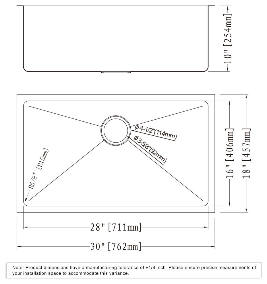 Dowell Undermount Single Bowl Stainless Kitchen Sink - Small Radius, 28w X 16l X 10d