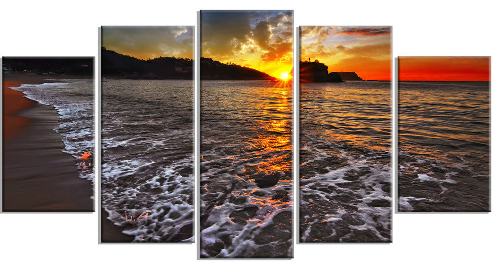 Setting Sun and White Waves, Seashore Photo Canvas Art Print, 60"x32", 5 Panels