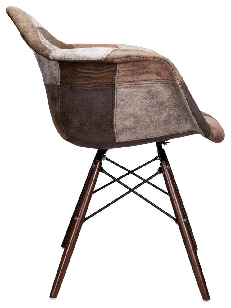 Patch Leatherette Fabric Upholstered DAW Arm Chair, Dark Walnut Leg, Brownwork