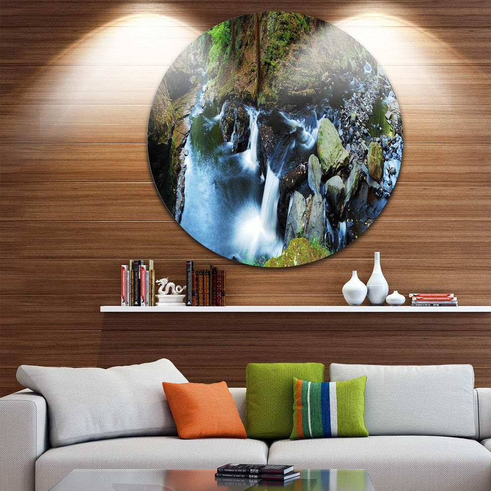 Creek With Hiking Trail Panorama, Landscape Disc Metal Artwork, 11"