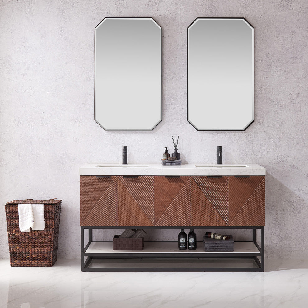 Mahon Bath Vanity, Stone Top, Matte Black Base, 60", Double Vanity, No Mirror