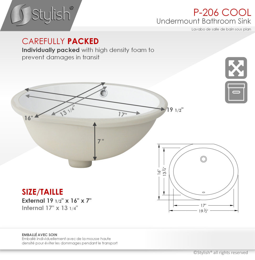 STYLISH 19" Oval Undermount Ceramic Bathroom Sink With 2 Overflow Finishes