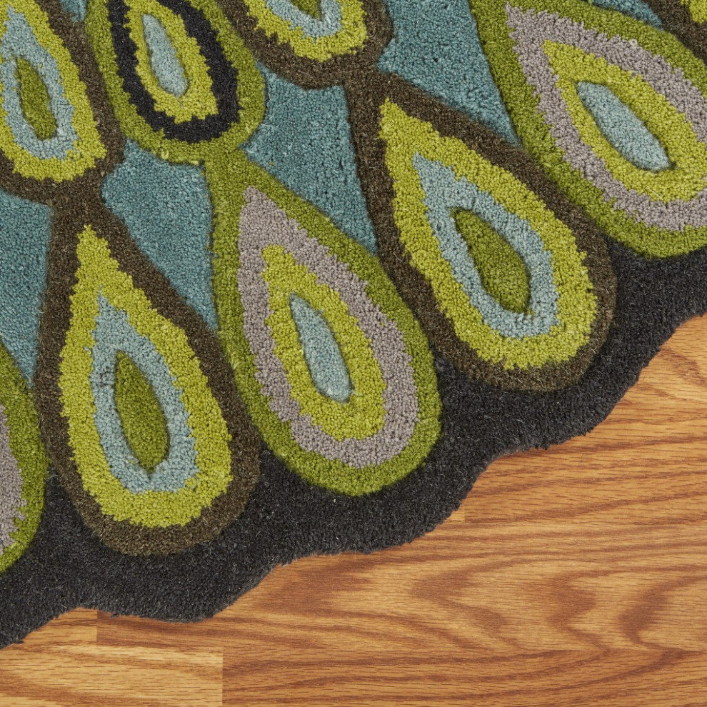 5" Round Green Peacock Feather Area Rug