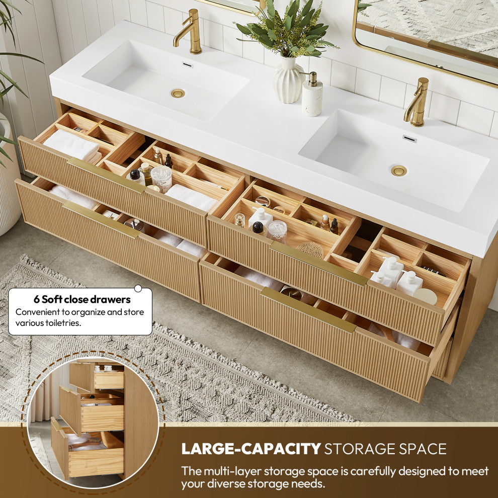 Hohhot Bath Vanity, Stone Sink Top No Mirror, Washed Ash Gray, 72", Double Vanity
