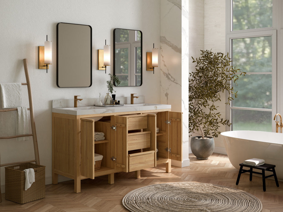 Elizabeth 60 Double Bathroom Vanity in Light Natural Teak 2" Carrara Quartz