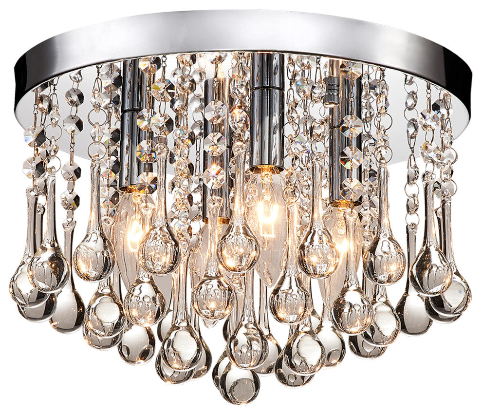 Bella 4-Light Chrome Finish Flush Mount With Clear Crystal Drops