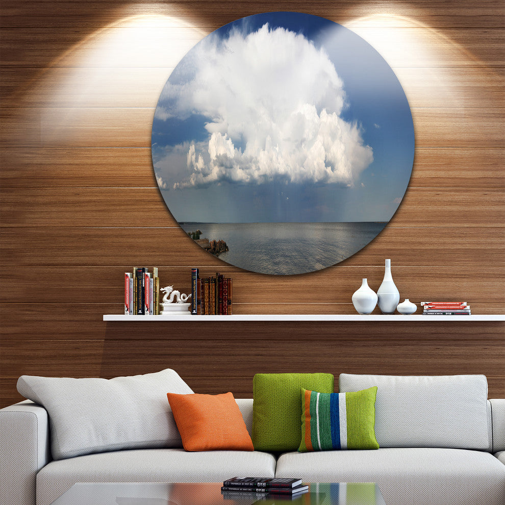 Heavy White Cloud Above Sea, Contemporary Landscape Round Wall Art, 23"