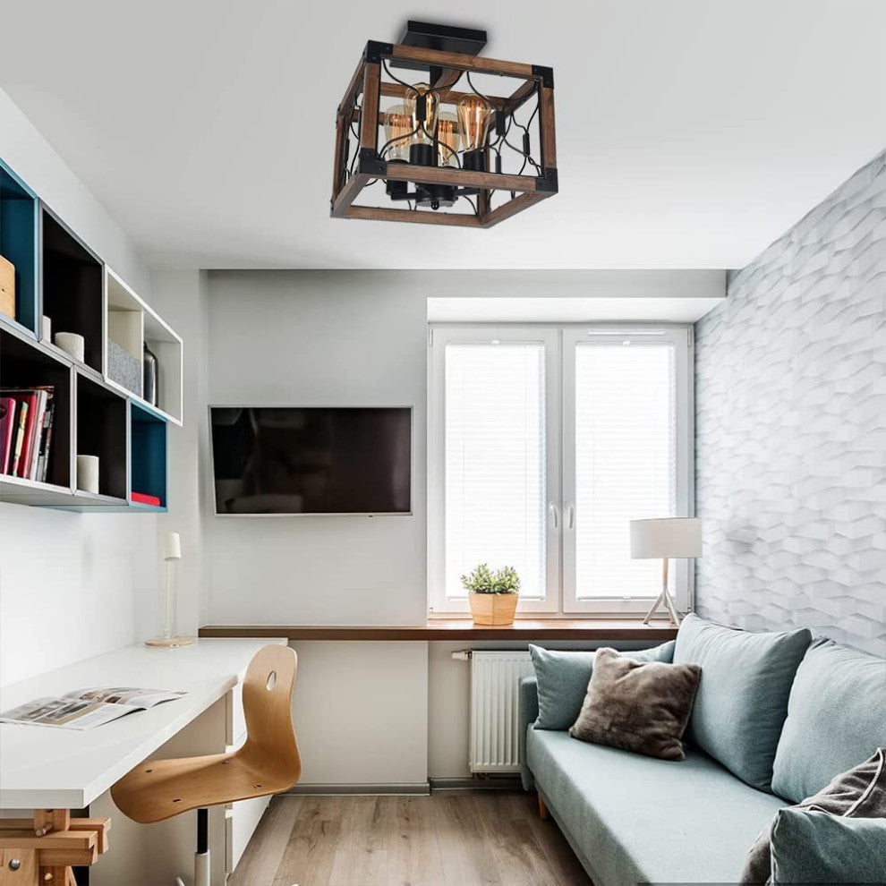 4 Light Industrial Ceiling Lamp, Rust, Square, Semi Flush Mount, Cage
