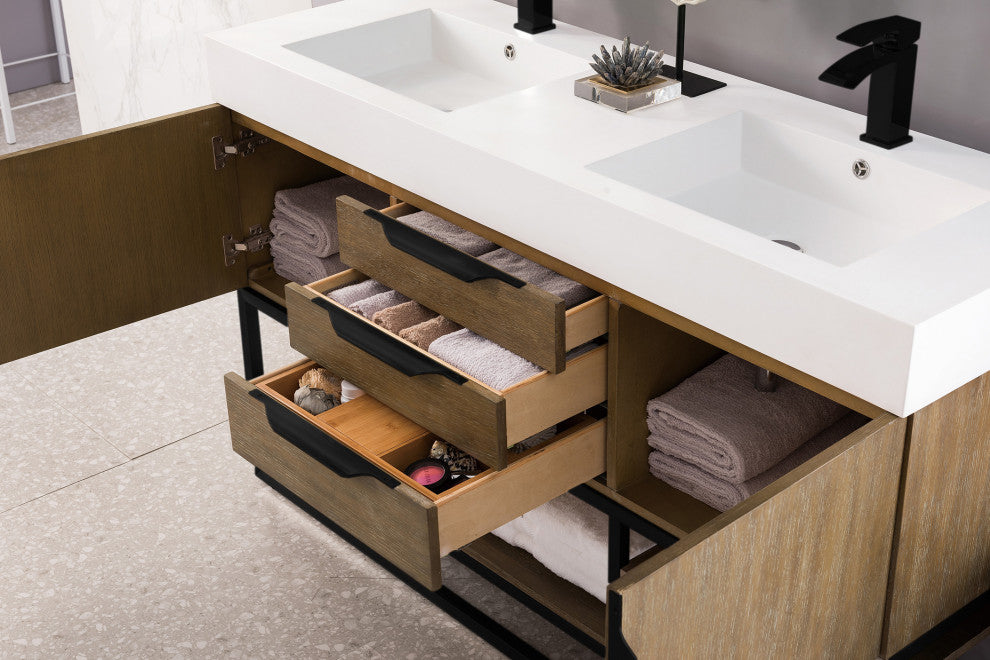 Columbia 59" Double Vanity, Latte Oak, Matte Black, Glossy White Composite Top